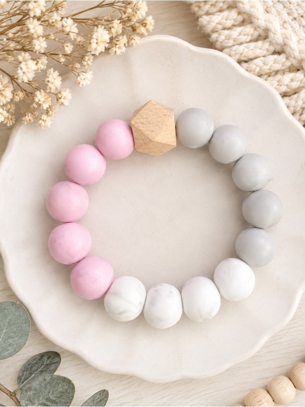 Pastel Silicone & Wood Beaded Stretch Bracelet Pink Gray White Minimalist Boho - Picture 6 of 6